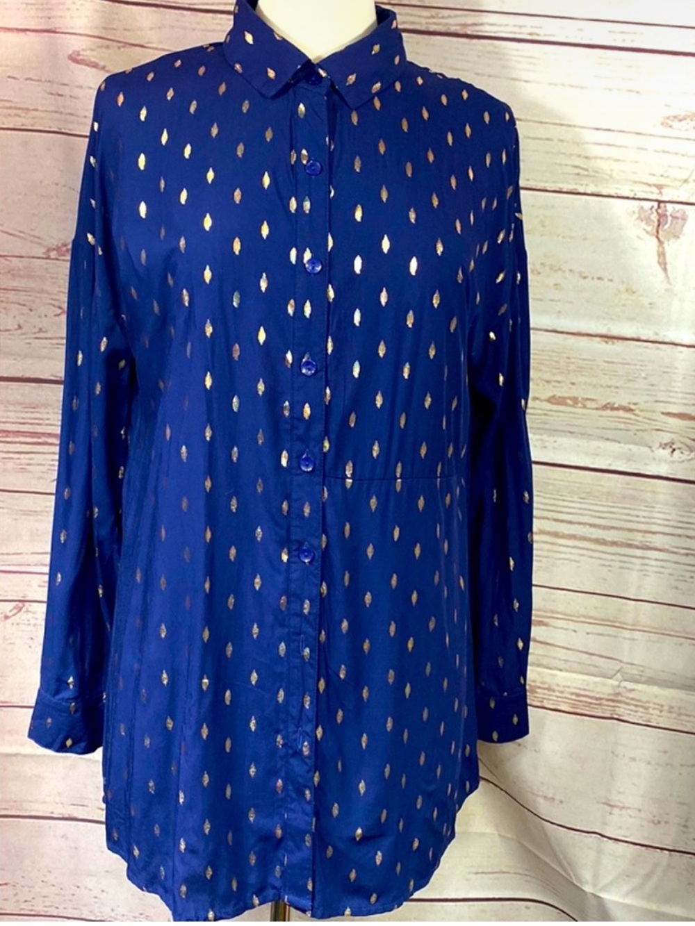 Solitaire Royal Blue Button-Up Shirt with Gold Dot Print
